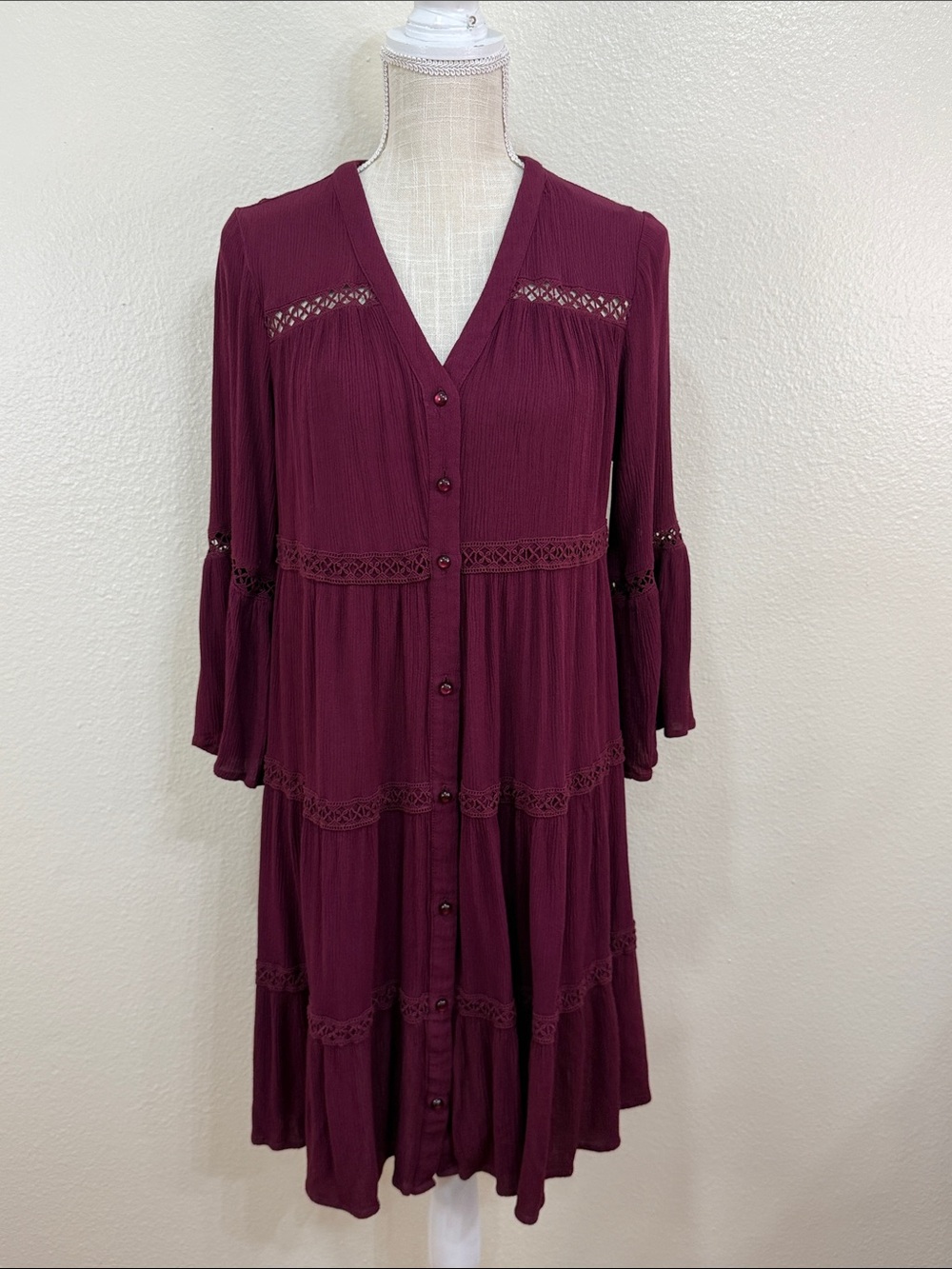 Knox Rose Boho Button-Front Tiered Midi Dress with Flared Sleeves Size‎ M